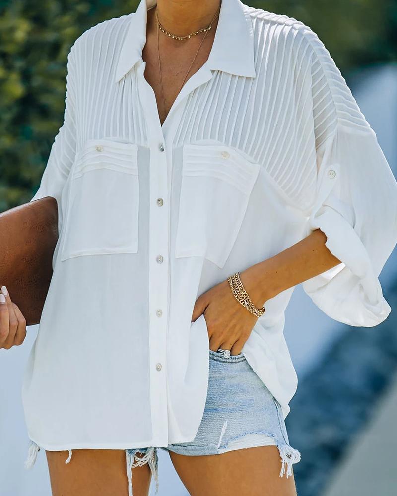 

Plain Ruched Button Design Casual Shirt, White