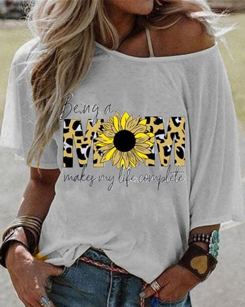 

Floral Letter Print Short Sleeve Casual T-shirt, Gray