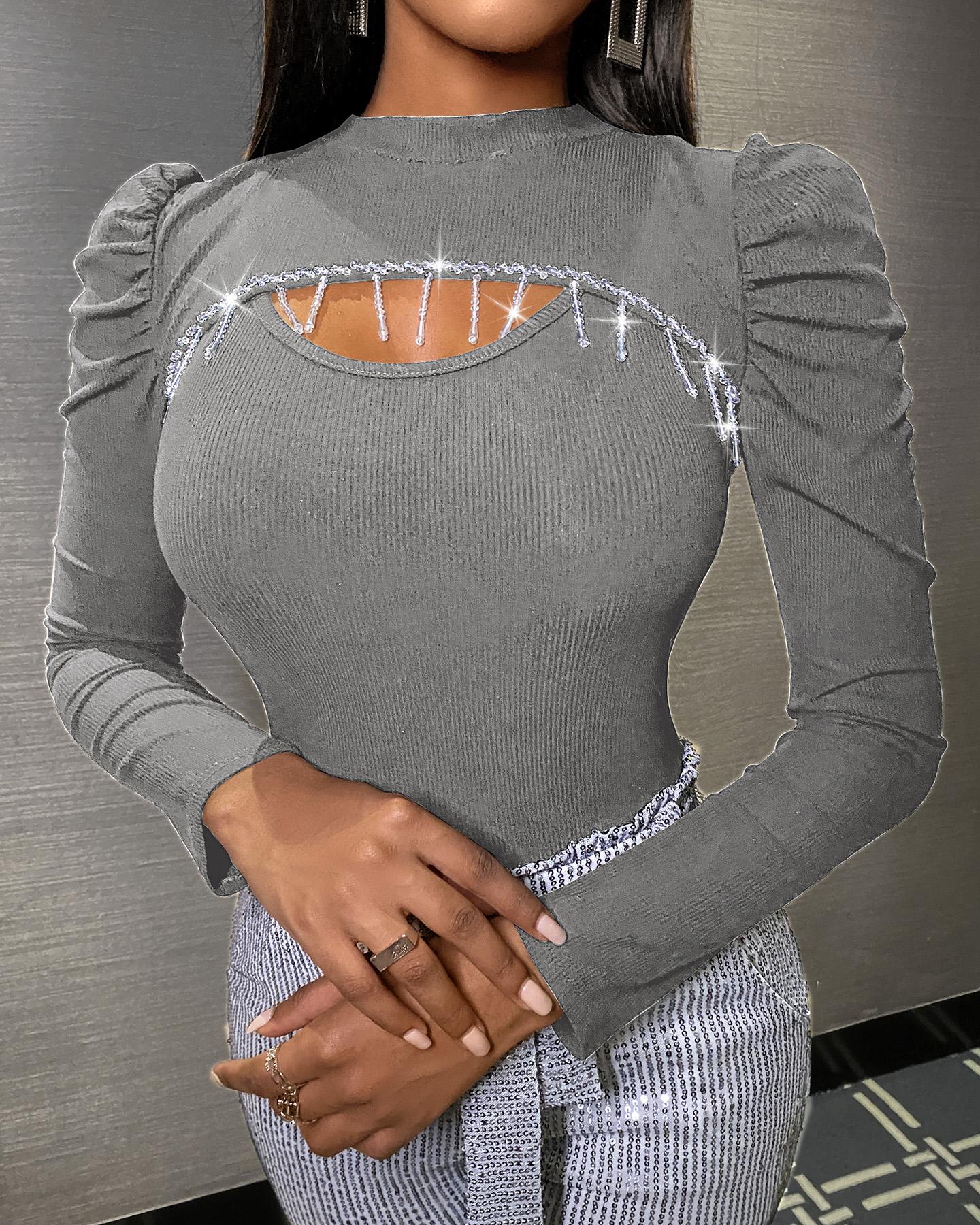

Puff Sleeve Studded Tassel Decor Cutout Top, Gray