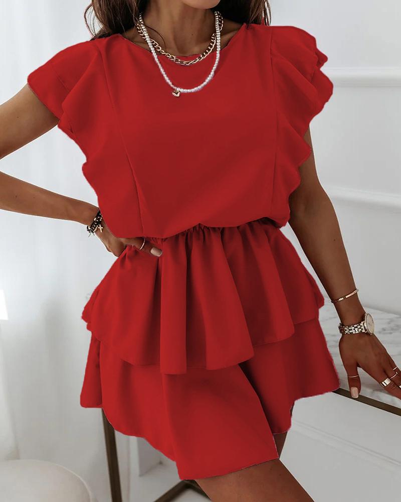 

Layered Ruffles Short Sleeve Casual Dress, Red