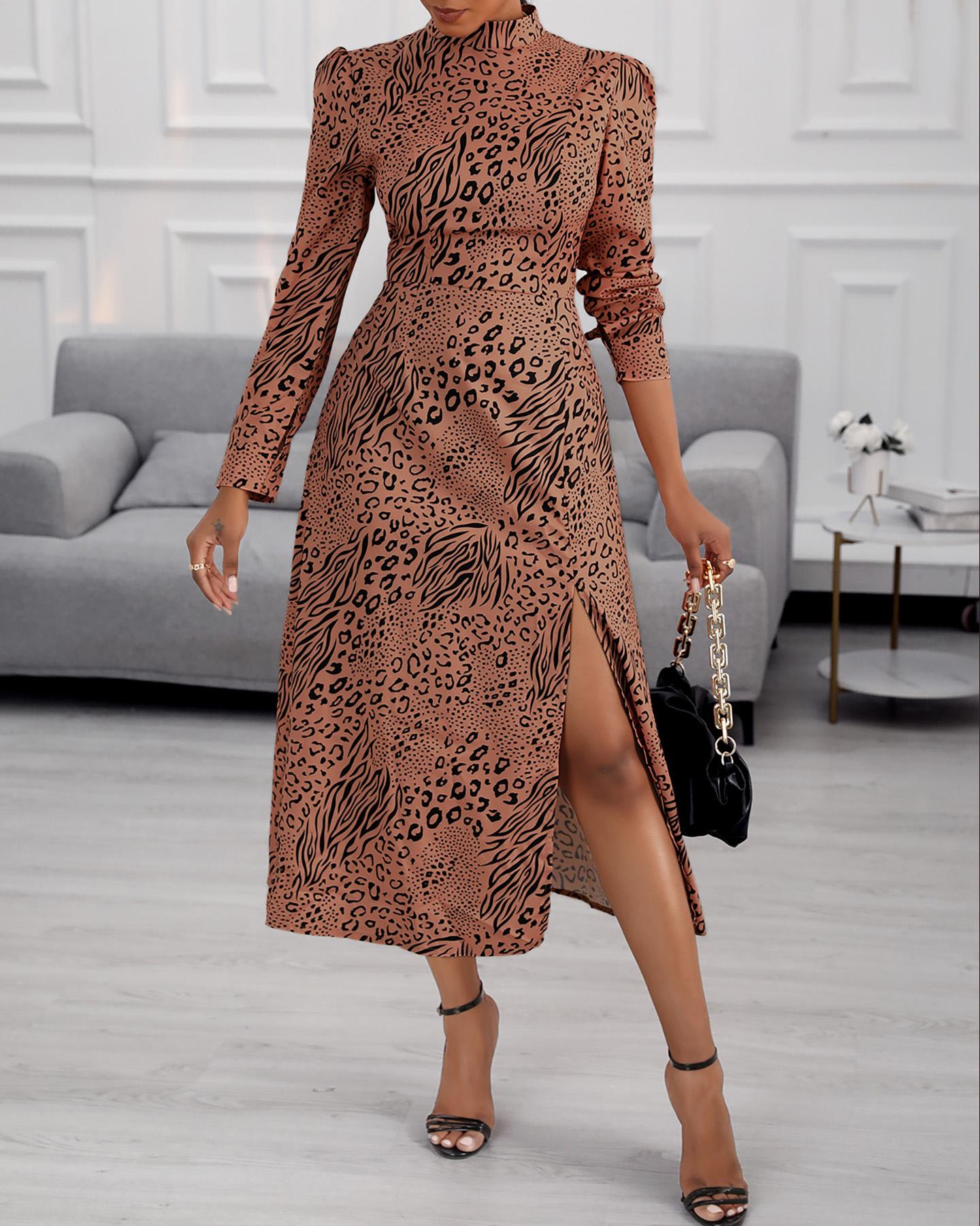 

Cheetah Print Puffed Sleeve High Slit Dress, Leopard
