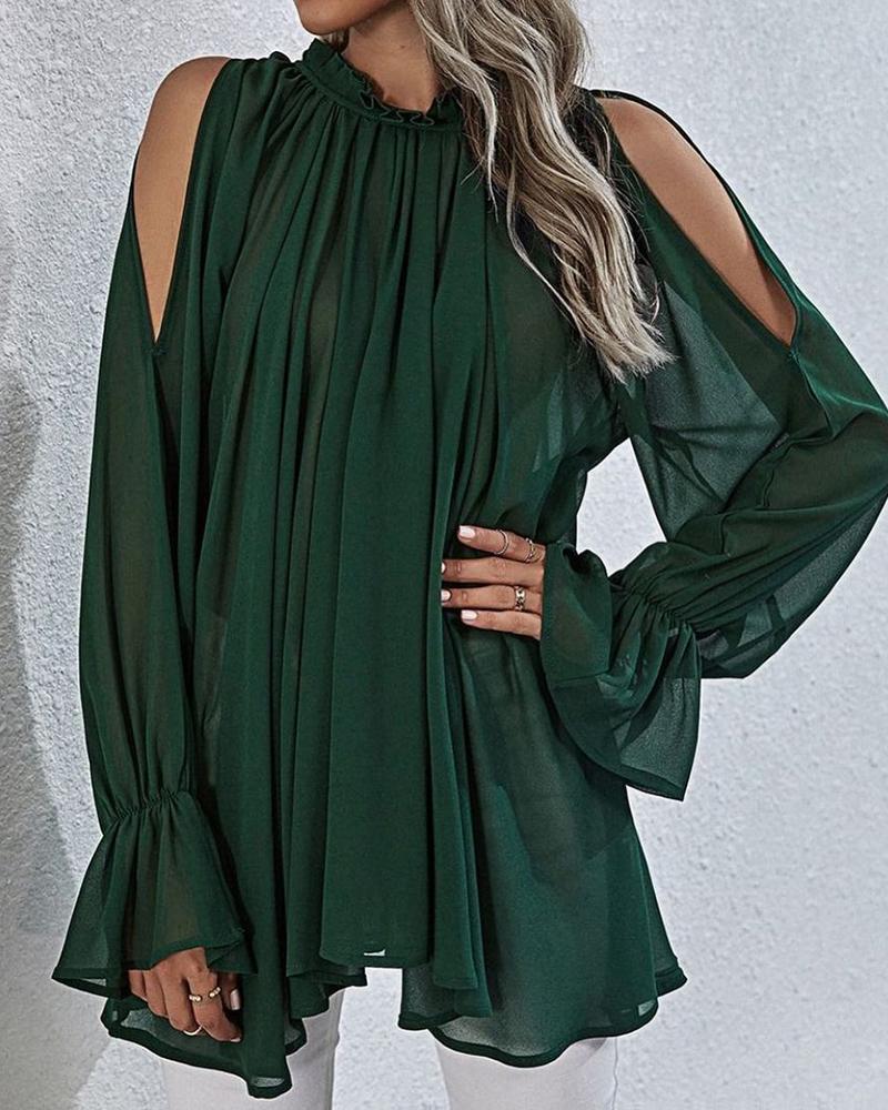 

Cold Shoulder Mesh Lantern Sleeve Ruched Top, Green