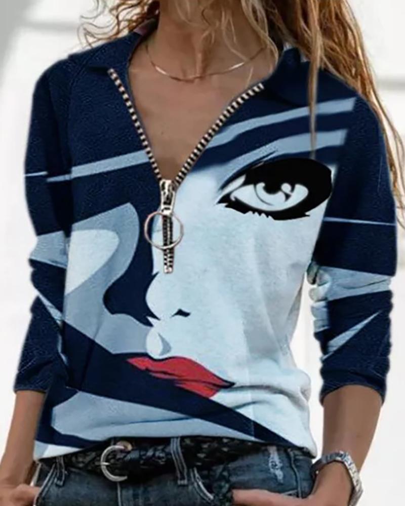 

Figure Abstract Print Zipper Design Top, Blue