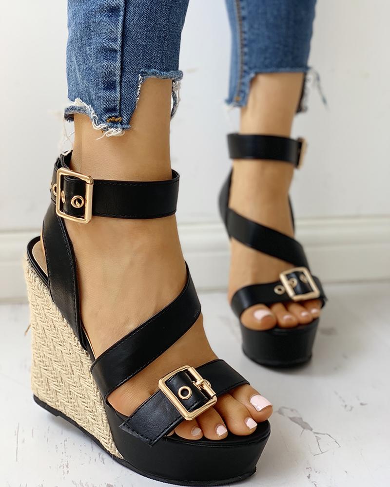 

Buckled Detail Espadrille Wedge Sandals, Black