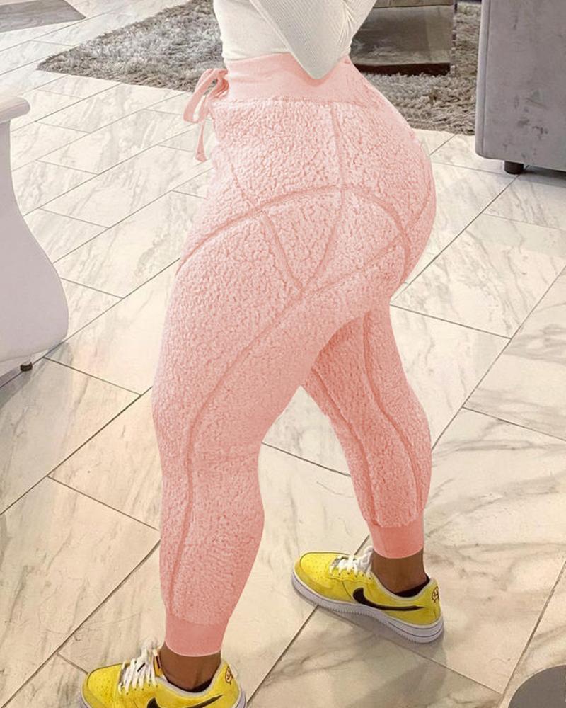 

High Waist Drawstring Fluffy Pants, Pink