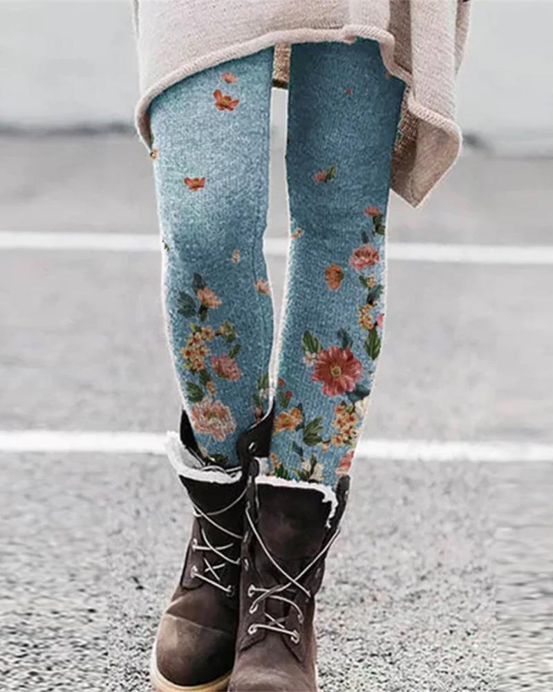 

Floral Print Skinny Leggings, Blue