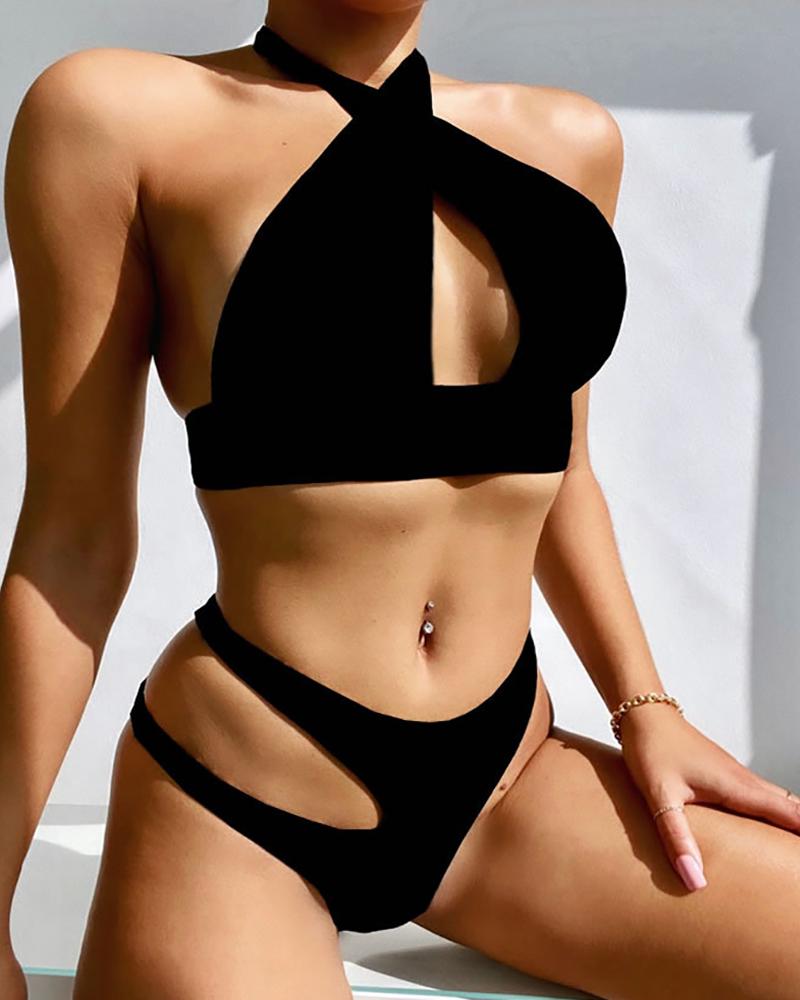 

Cheetah / Plain Cutout Halter Bikini Set, Black
