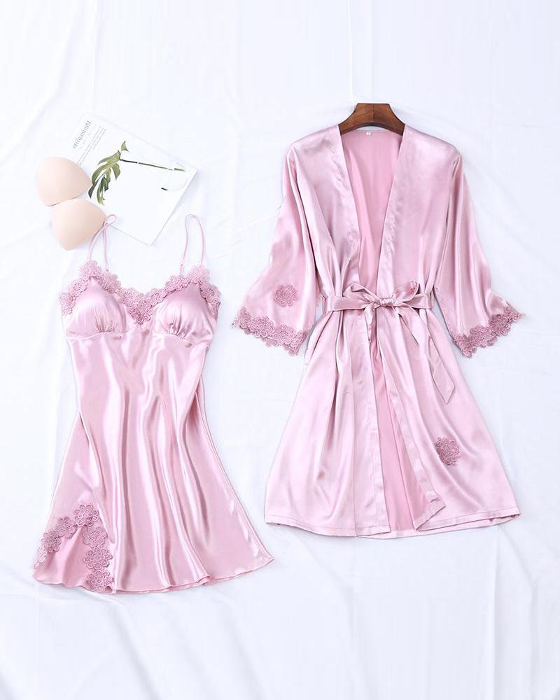 

Lace Trim Robe & Camisole Set, Pink