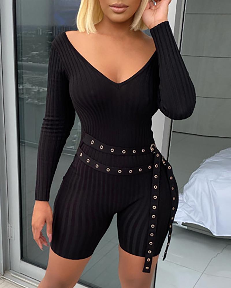 

Plain Long Sleeve Plunge Skinny Romper, Black