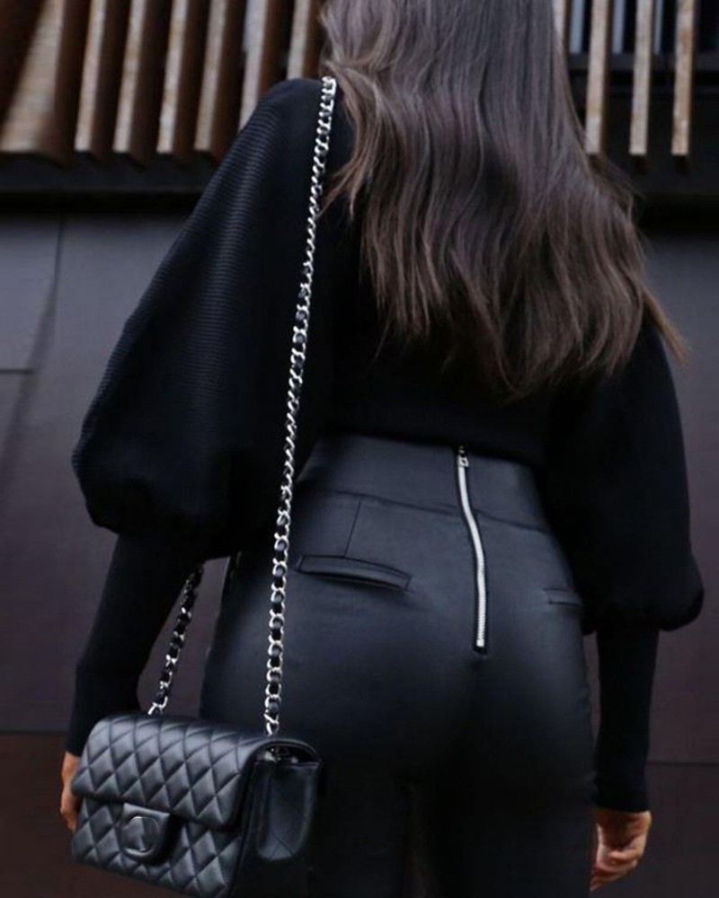 high neck solid bloomer sleeve sweater