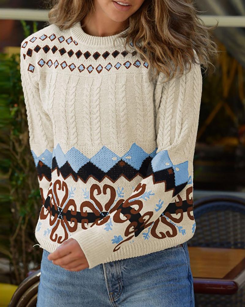 

Geometric Long Sleeve Cable Knit Sweater, Apricot