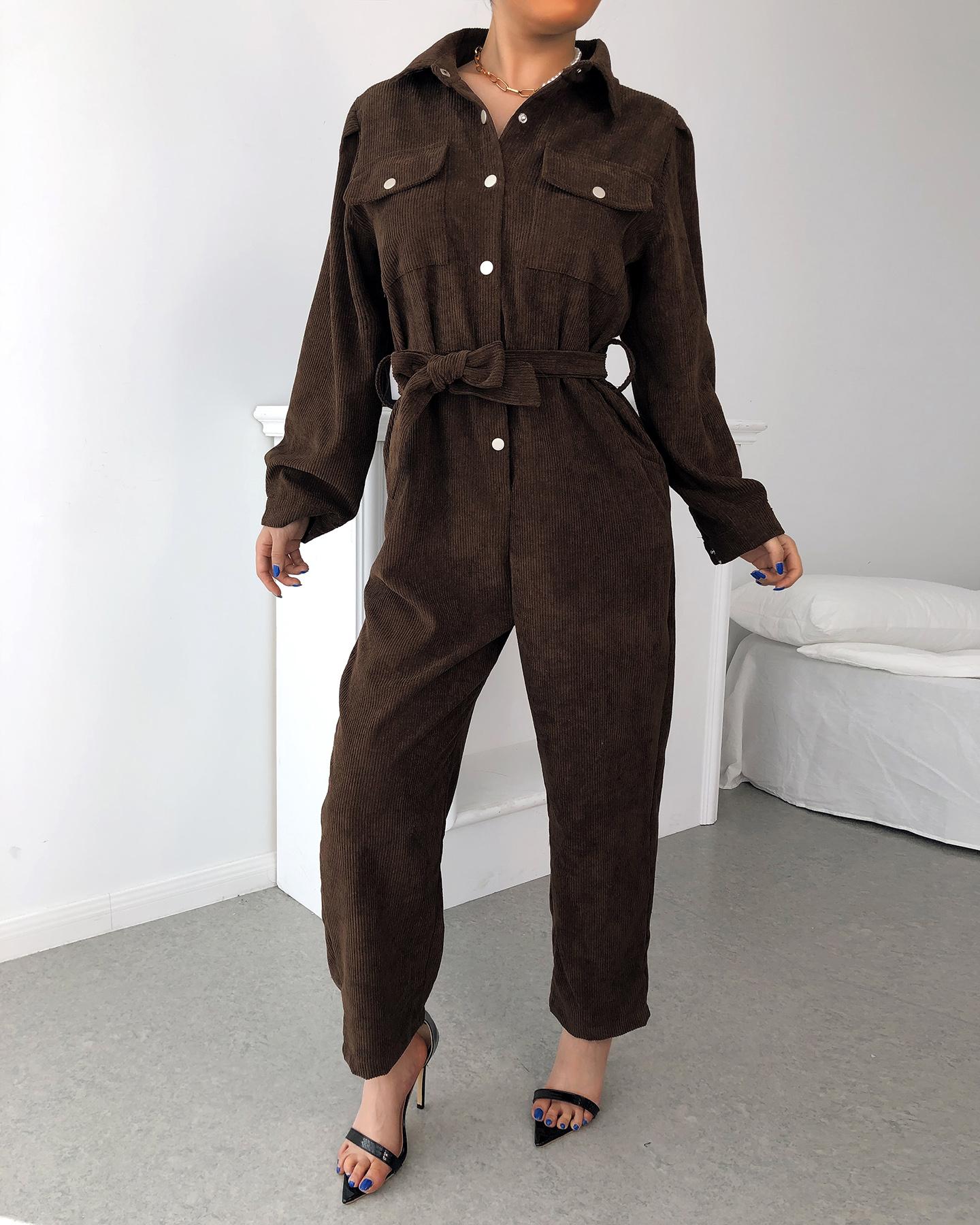 

Corduroy Button Pocket Front Long Sleeve Jumpsuit, Coffee