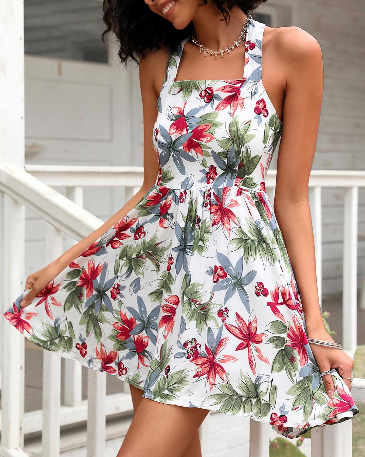 

Thick Strap Floral Print Casual Dress, Multicolor