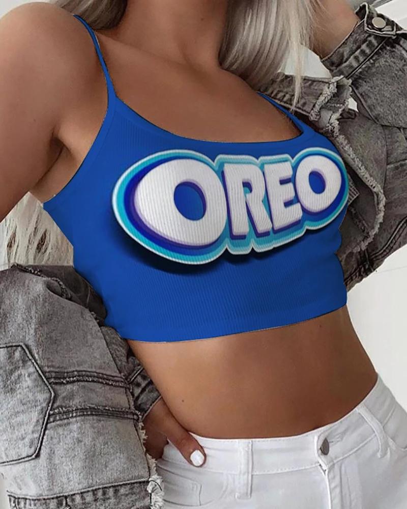 

Cartoon Print Crop Top, Blue