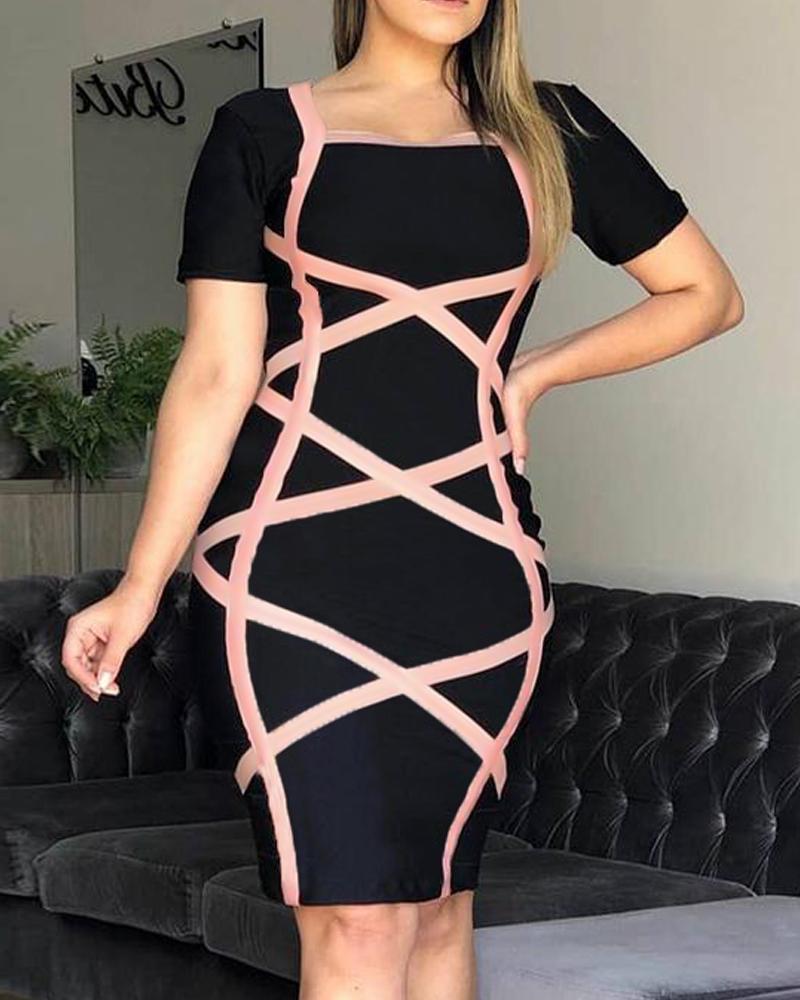 

Striped Colorblock Short Sleeve Work Dress, Black