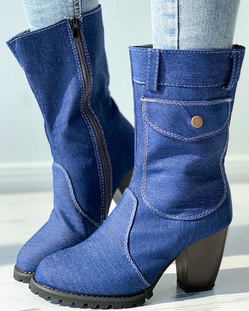 

Button Decor Denim Chunky Boots, Dark blue