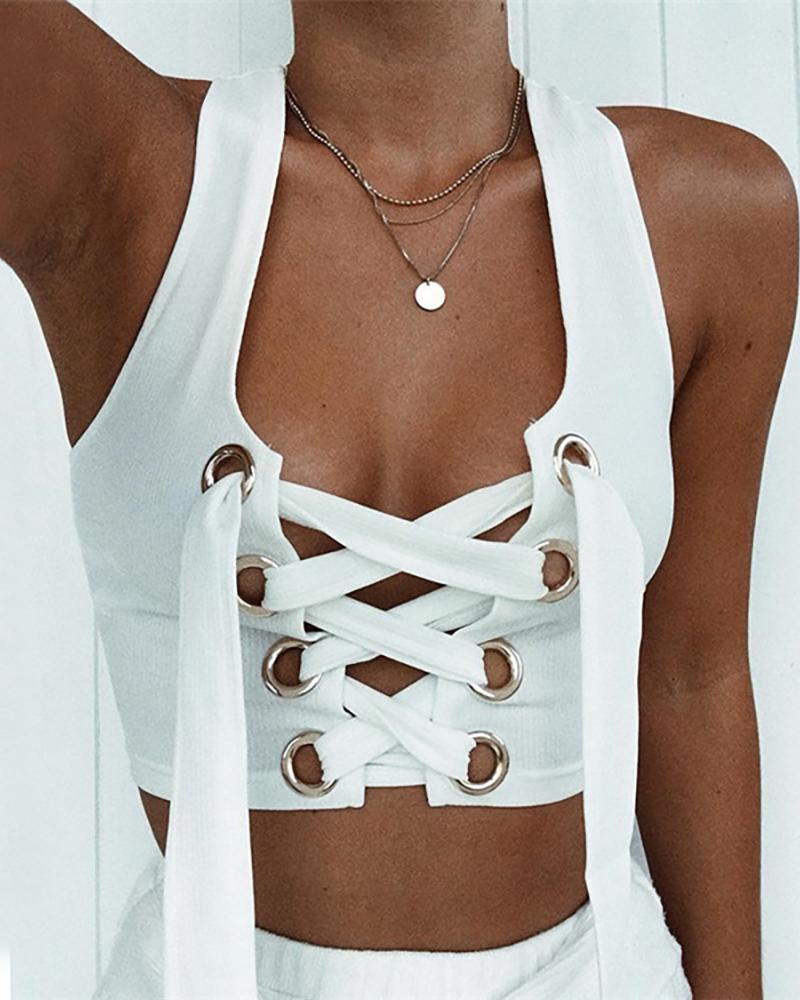 

Eyelet Lace-up Sleeveless Top, White
