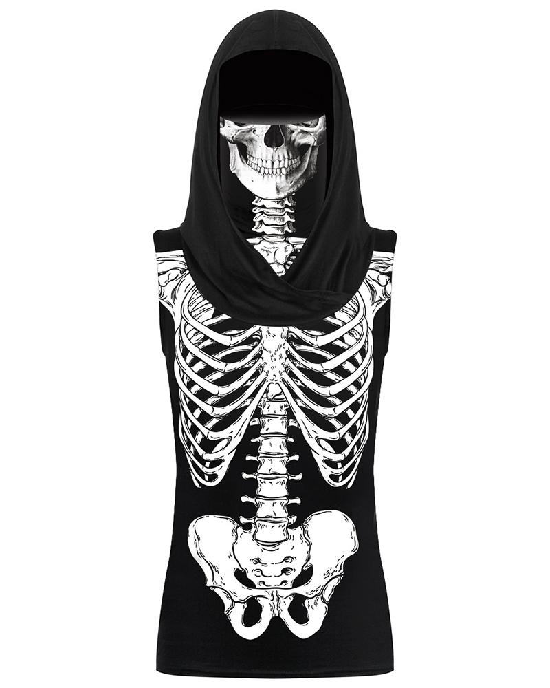 

Skeleton Print Hooded Casual Top With Ear Loop Face Bandana, Black