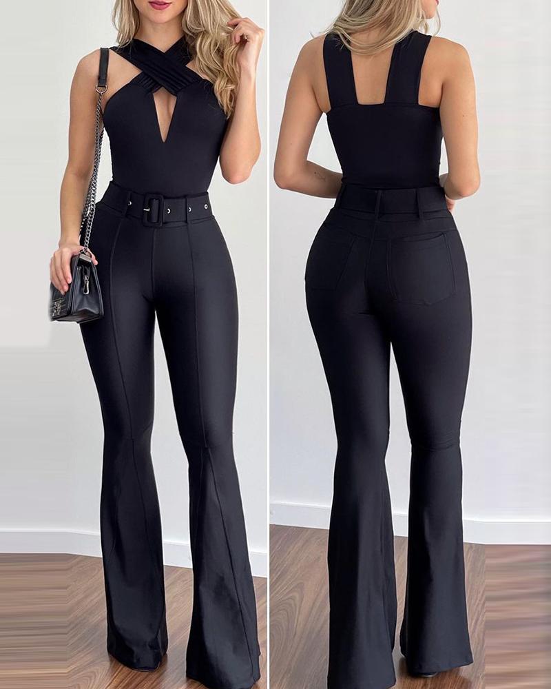 

High Waist Plain Bootcut Pants, Black