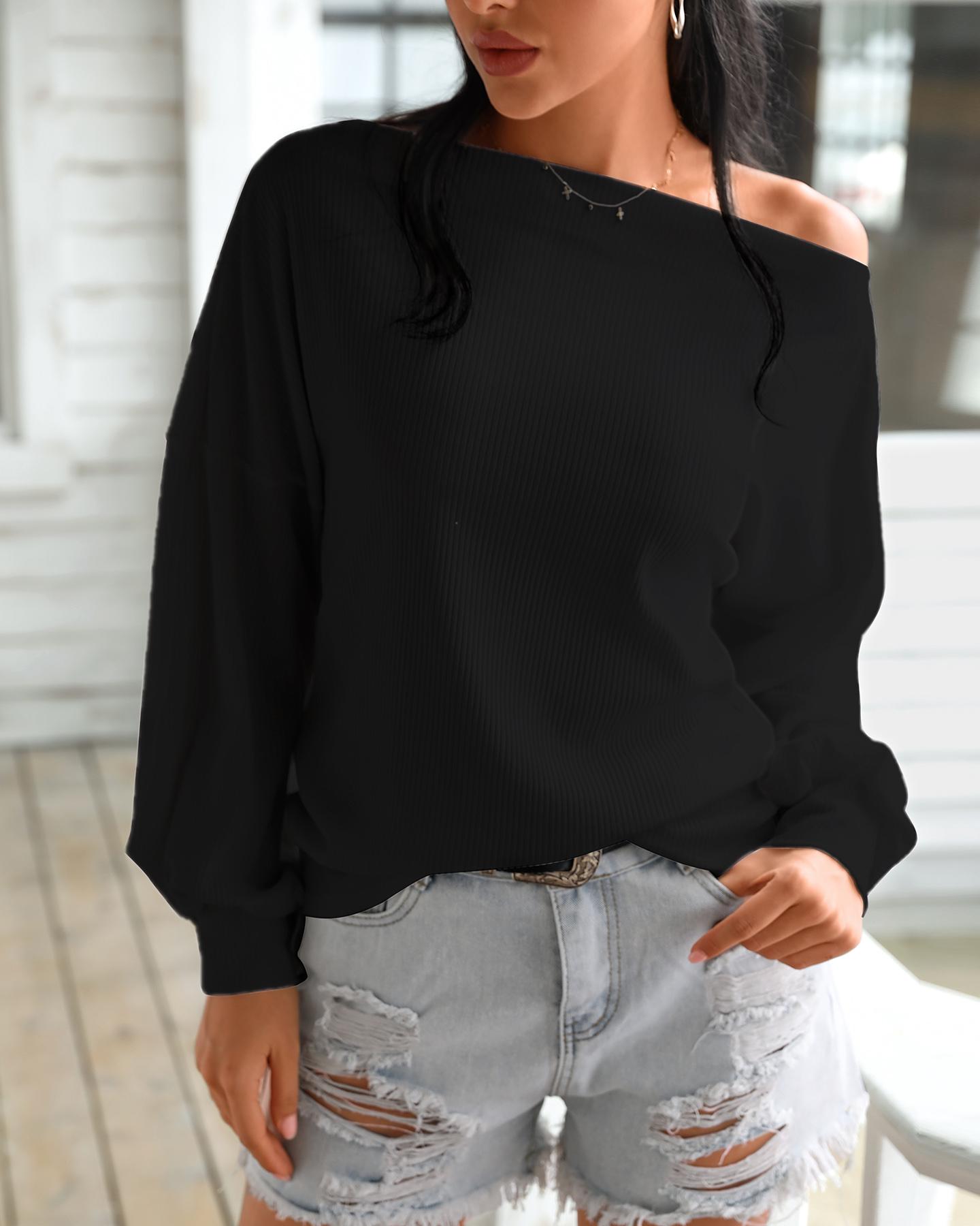 

Off Shoulder Lantern Sleeve Ribbed Sweater, Black