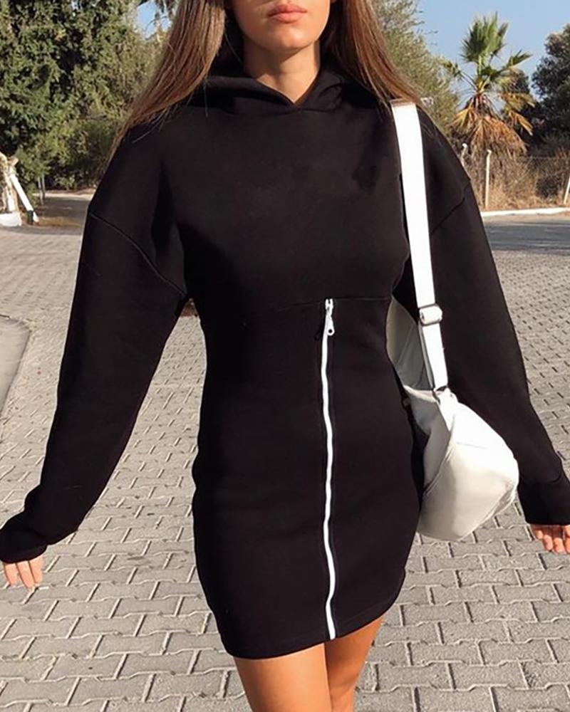 

Plain Long Sleeve Zipper Design Hooded Sweatshirt Dress, Black