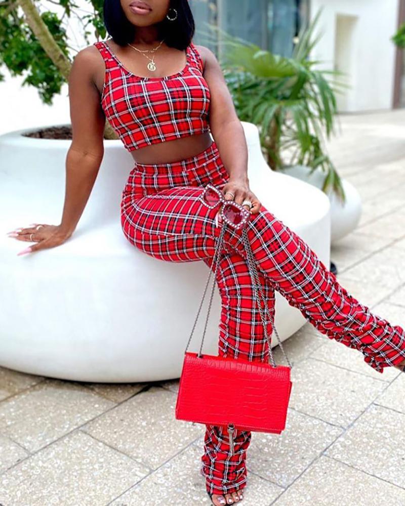 

Plaid Print Colorblock U Neck Skinny Tank & Pants Set, Red