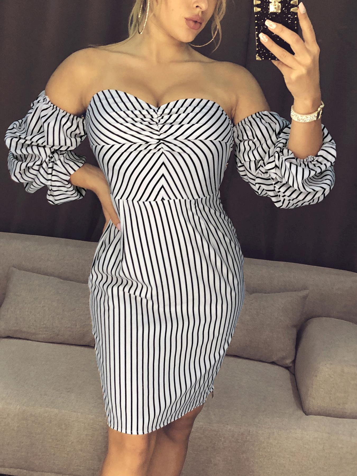 

Stripes Off Shoulder Puff Sleeve Bodycon Dress, White