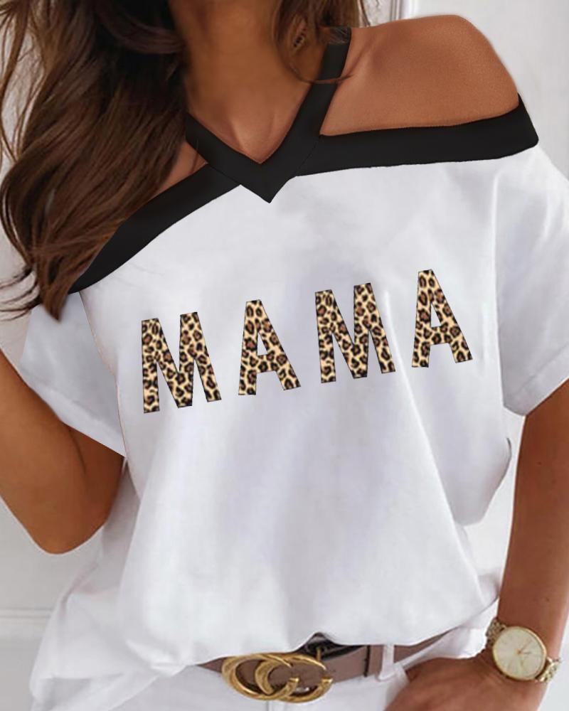 

Mother' Day Letter Leopard Print Cold Shoulder Top, White