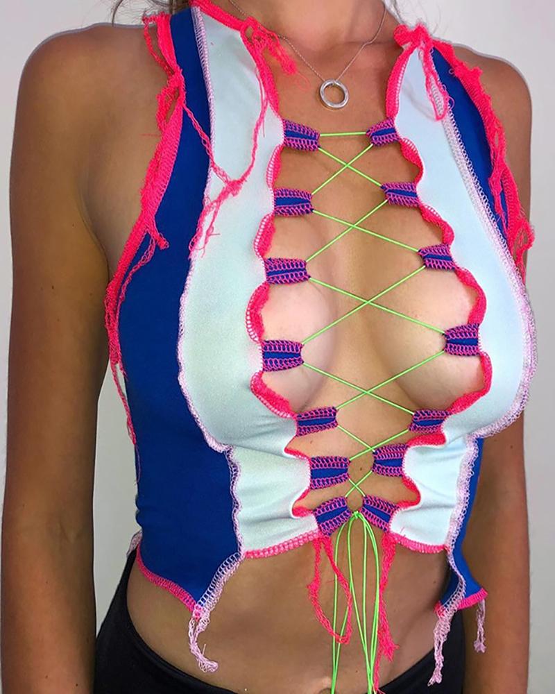 

Colorblock Lace-up Sleeveless Top, White