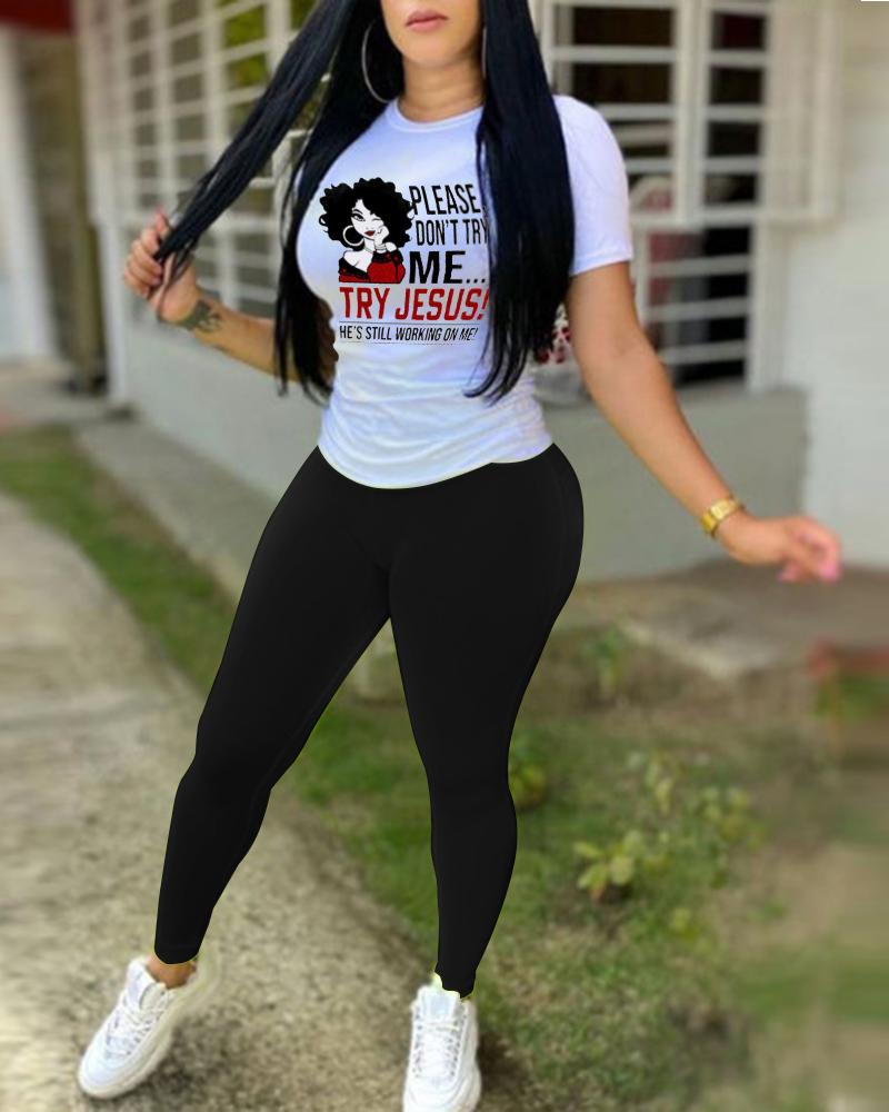 

Letter Figure Print Short Sleeve T-shirt & Plain Pants Set, Black