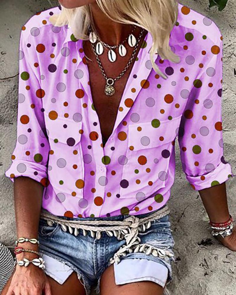 

Double Pockets Dot Print Shirt, Purple