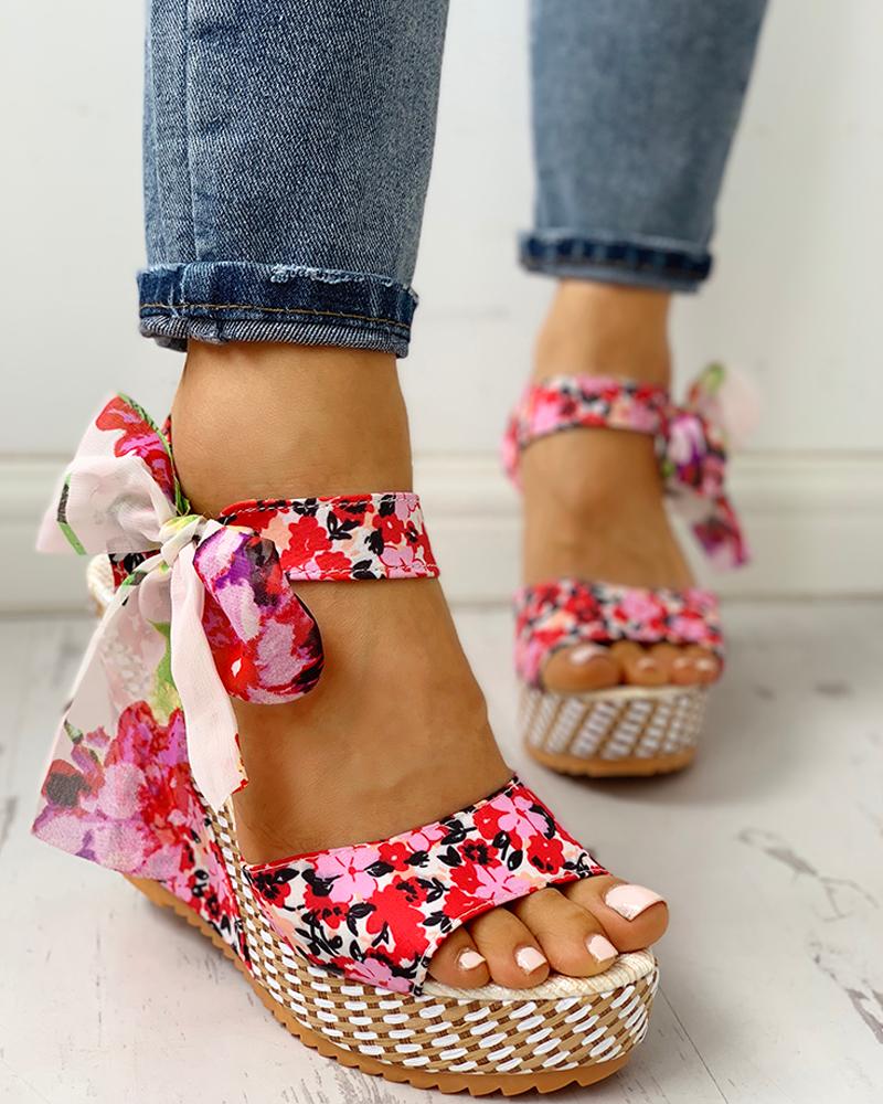 

Floral Bowknot Design Platform Wedge Sandals, Red
