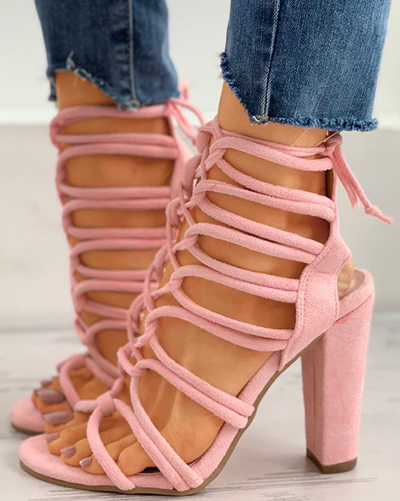 

Lace-Up Open Toe Slingback Chunky Heels, Pink