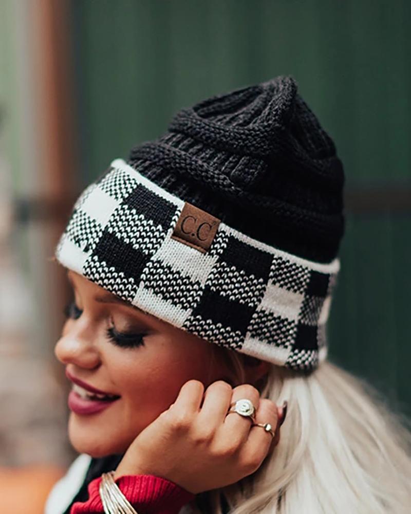 

Plaid Braided Beanie, Black
