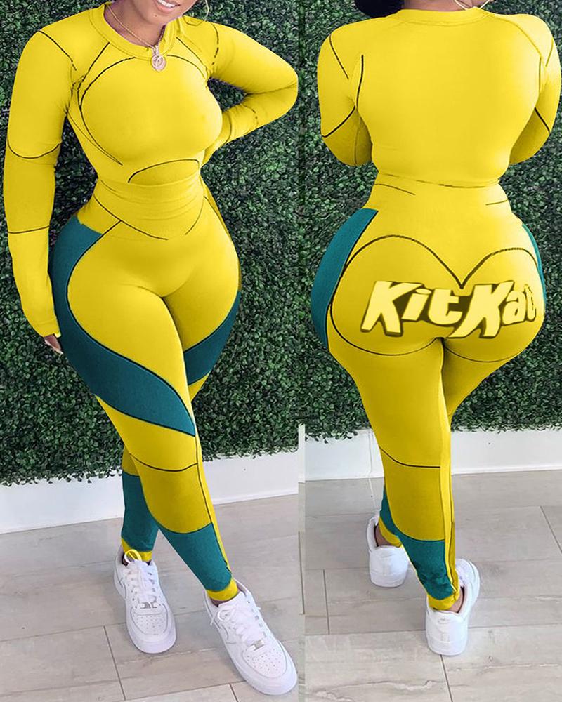 

Colorblock Long Sleeve Top & Letter Print Skinny Pants Set, Yellow