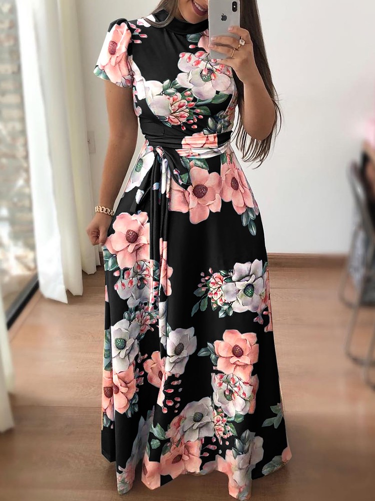 floral print short sleeve tie waist maxi dress