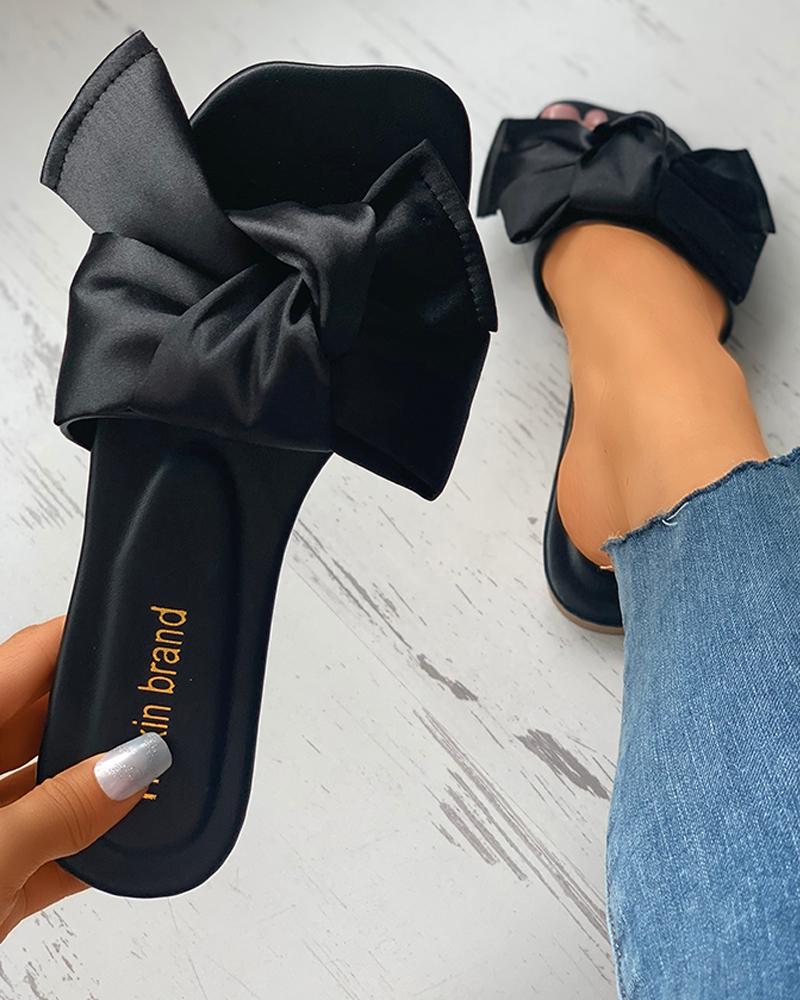

Square Toe Bowknot Satin Flat Slider Sandals, Black