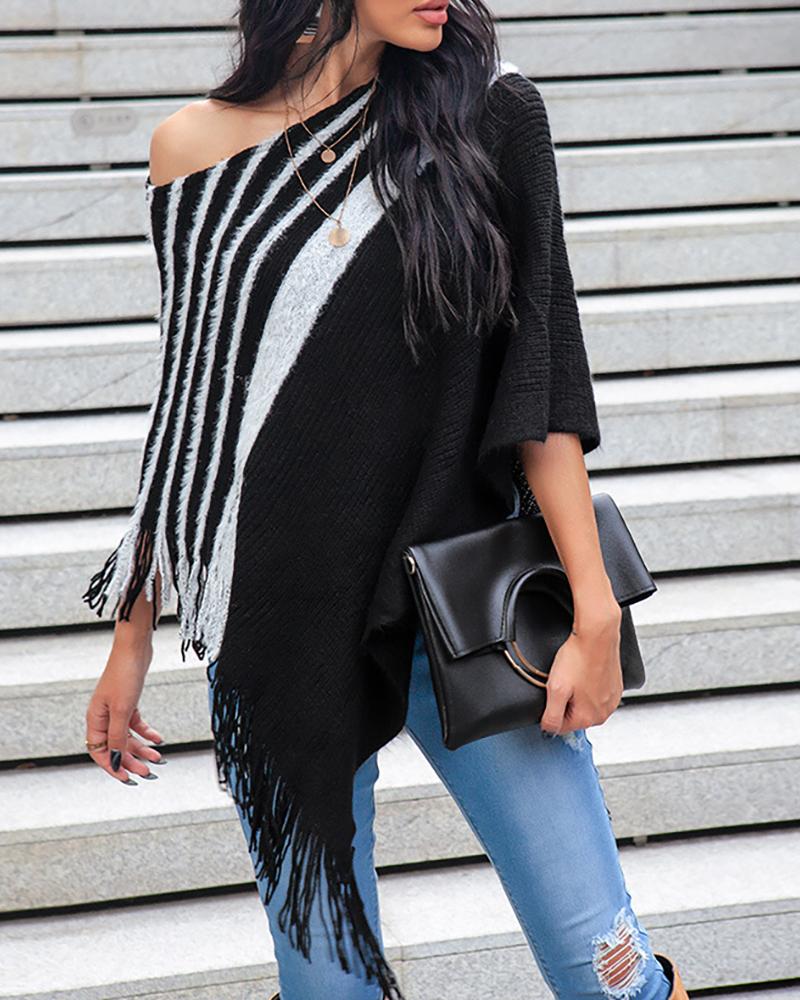 

Colorblock Tassel Design Cape Sweater, Black