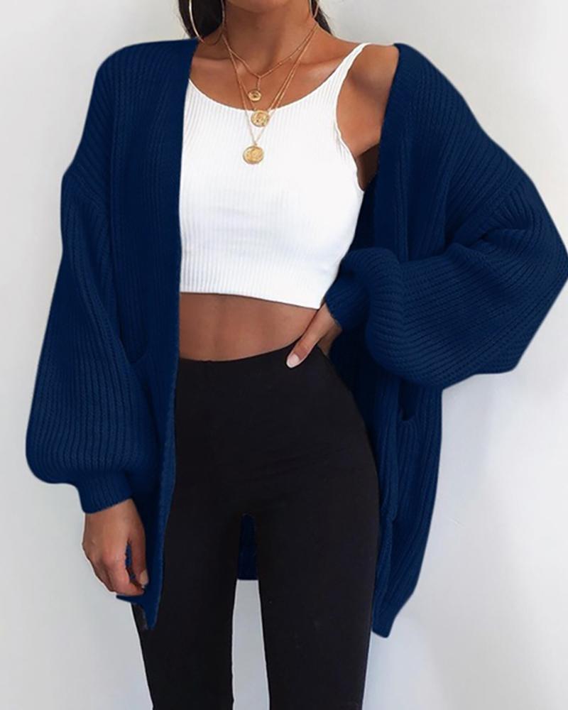 

Knit Lantern Sleeve Casual Cardigan, Dark blue