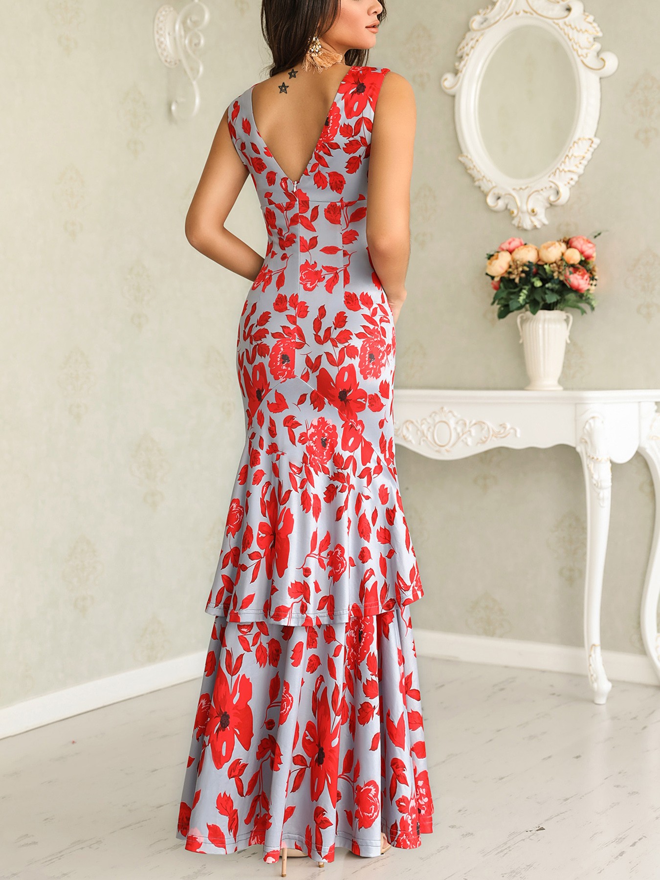 floral plunge ruffles layered hem evening dress