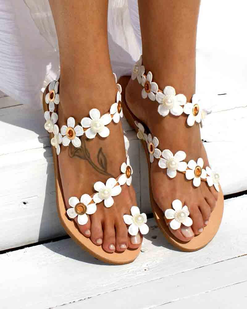 Floral Embellished Toe Ring Casual Sandals