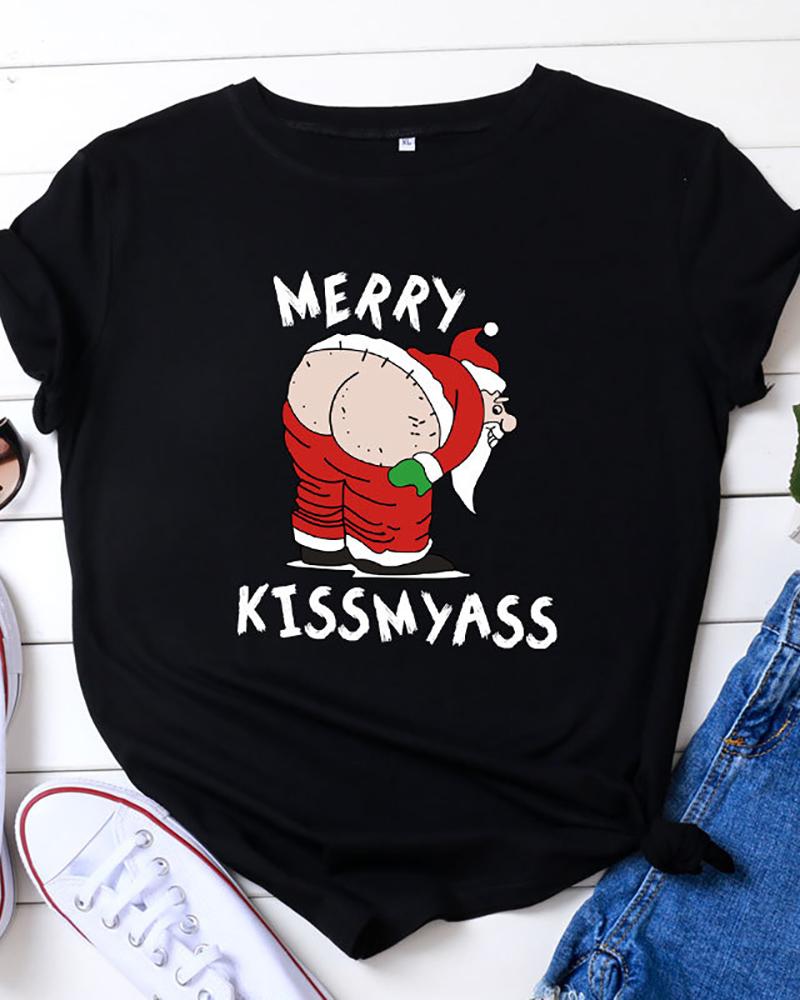 

Christmas Graphic Letter Print T-Shirt, Black
