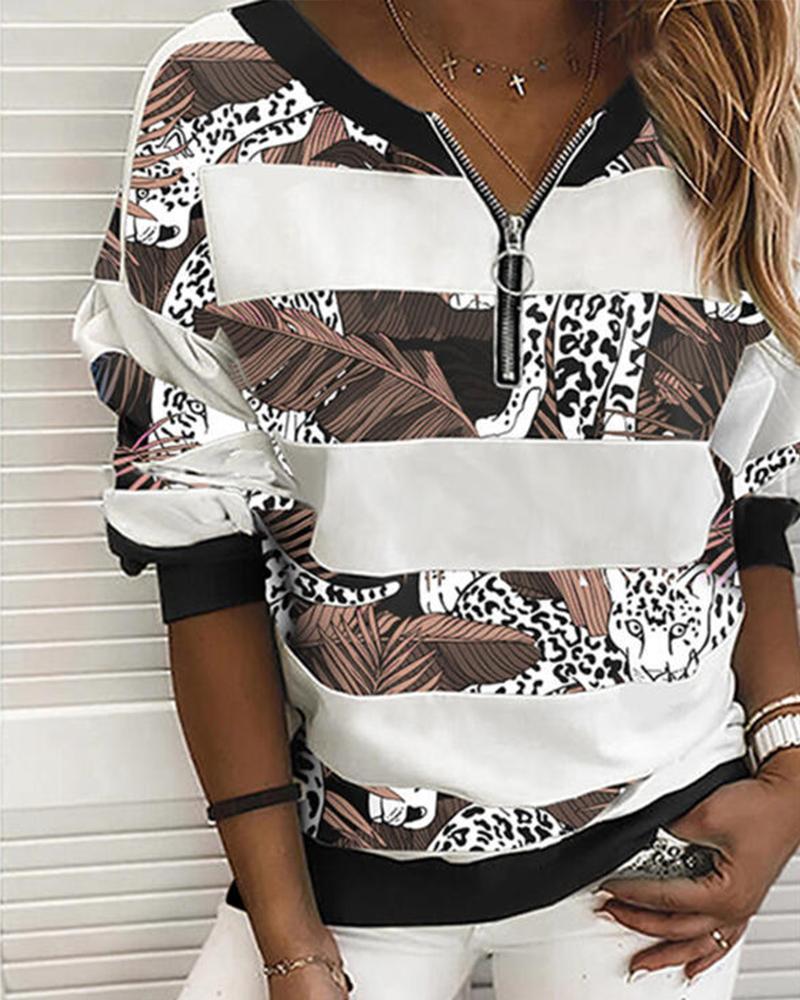 

Leopard Patchwork Long Sleeve Loose Zip-up Blouse, Brown