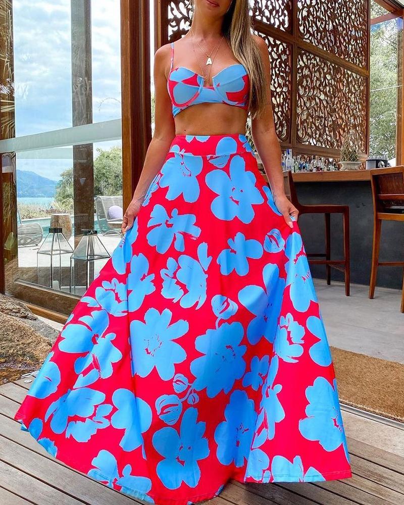 

Floral Print Crop Top & Maxi Skirt Set, Red