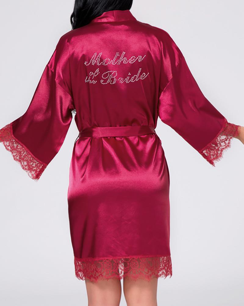 

Letter Print Half Sleeve Lace Trim Robe, Wine red