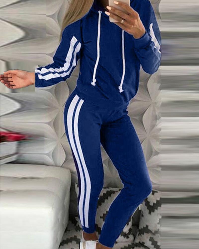 

Striped Tape Long Sleeve Hooded Top & Pants Set, Blue