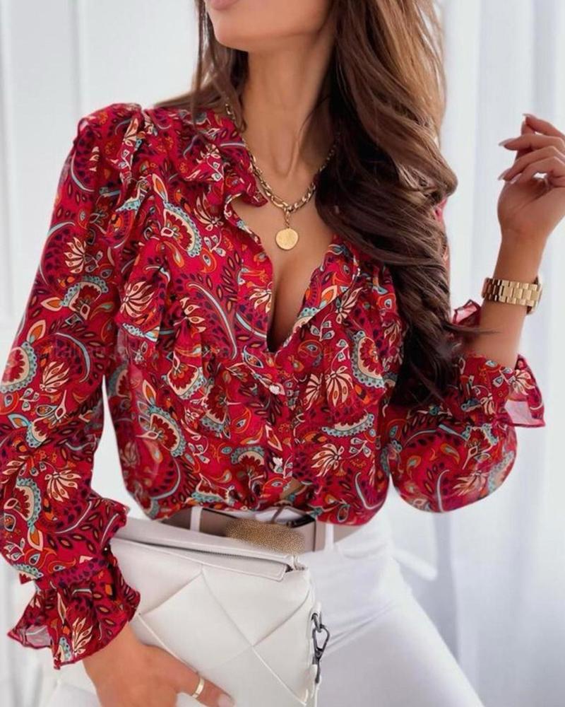 

Paisley Print Ruffles Bell Sleeve Top, Red