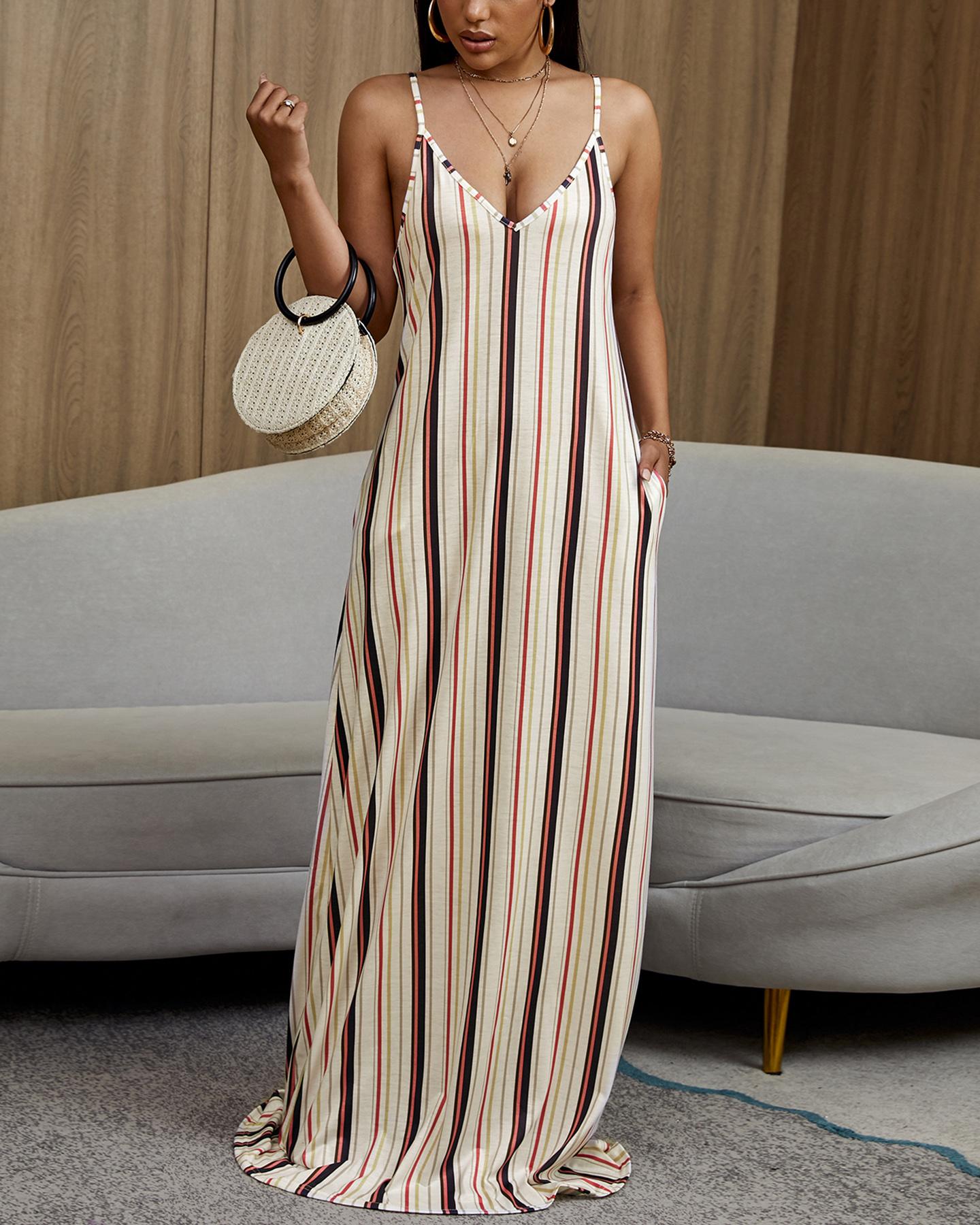 

Spaghetti Strap Multicolor Stripes Maxi Dress