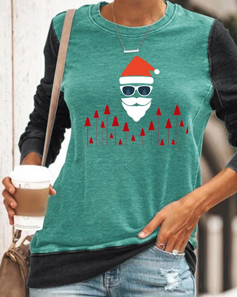 

Christmas Moose / Santa / Letter Print Casual Top, Green