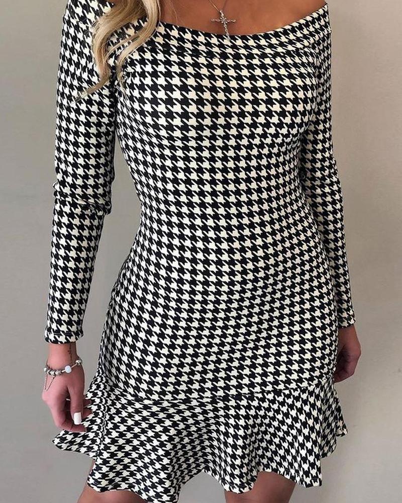 

Houndstooth Long Sleeve Mini Dress, Black